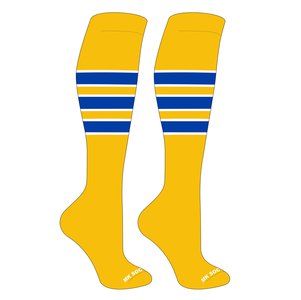 MK Socks Competitor OTC Baseball, Football Socks in Gold, White, and Royal colors designed for peak athletic performance with moisture-wicking, cushioning, and compression features.