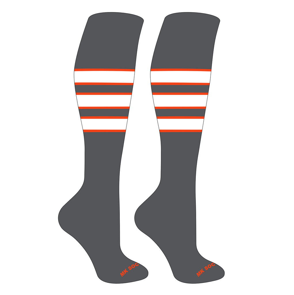 MK Socks Competitor OTC Baseball, Football Socks in Granite, Orange, and White, designed for superior performance and comfort during athletic activities.