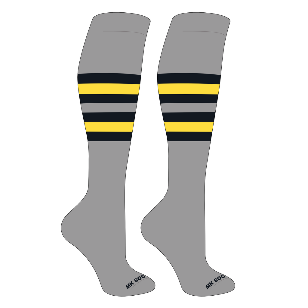 MK MK Socks Striped Knee High Baseball and Football Socks in grey, black, and yellow providing performance features such as moisture management, arch support, and mid-knee length for optimal comfort during sports.