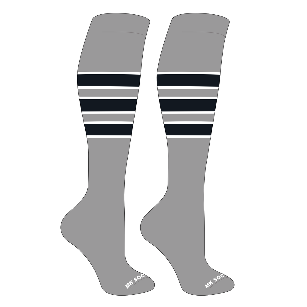 MK Socks Competitor OTC Baseball and Football Socks in Grey, White, and Black color options, designed for athletes, featuring moisture-wicking yarns, arch-hugging support, and mid-knee length for optimal performance during sports.