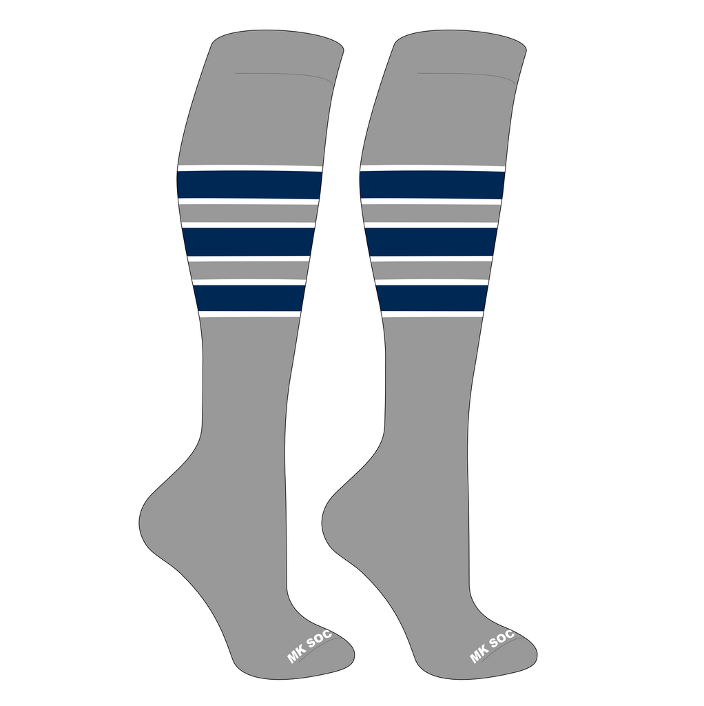 MK Socks Competitor OTC Baseball and Football Socks in Grey, White, and Navy. Ideal high-performance athletic socks for sports enthusiasts, featuring moisture-wicking fabric, arch support, and mid-knee length design.