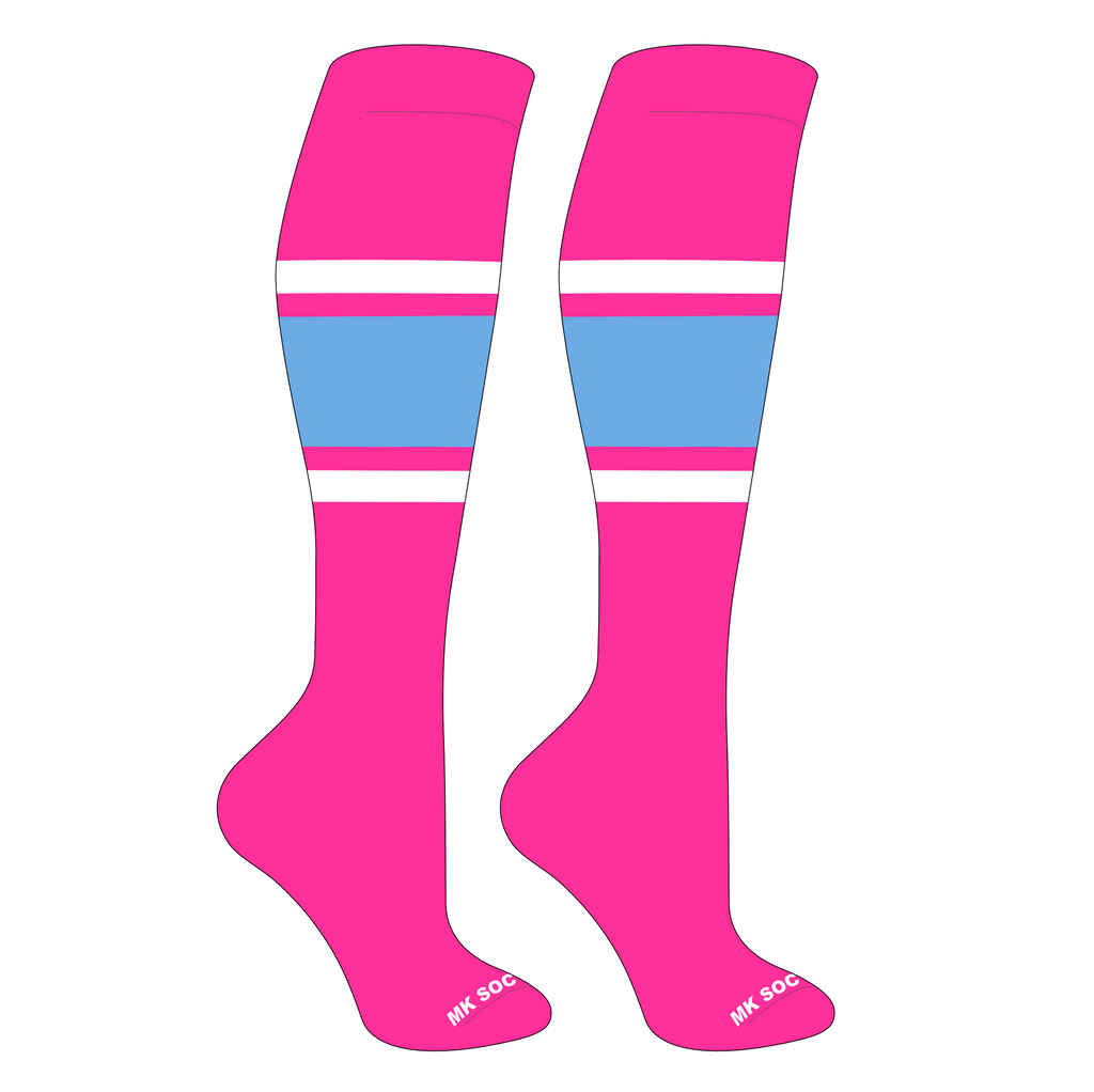Mk Socks Competitor OTC Baseball and Football Socks in Hot Pink, White, and Columbia Blue.