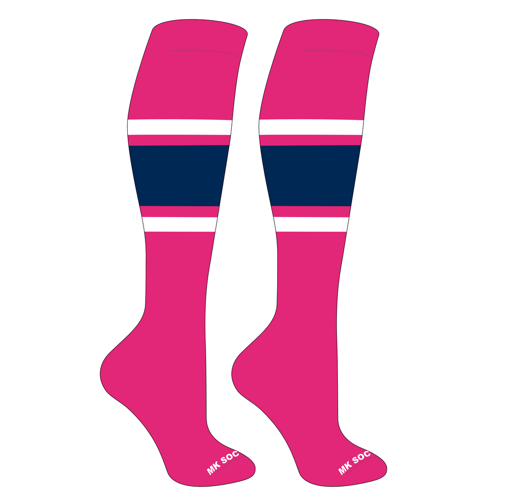 MK Socks Competitor OTC Baseball Football Socks in Hot Pink, White, and Navy for optimal sports performance.