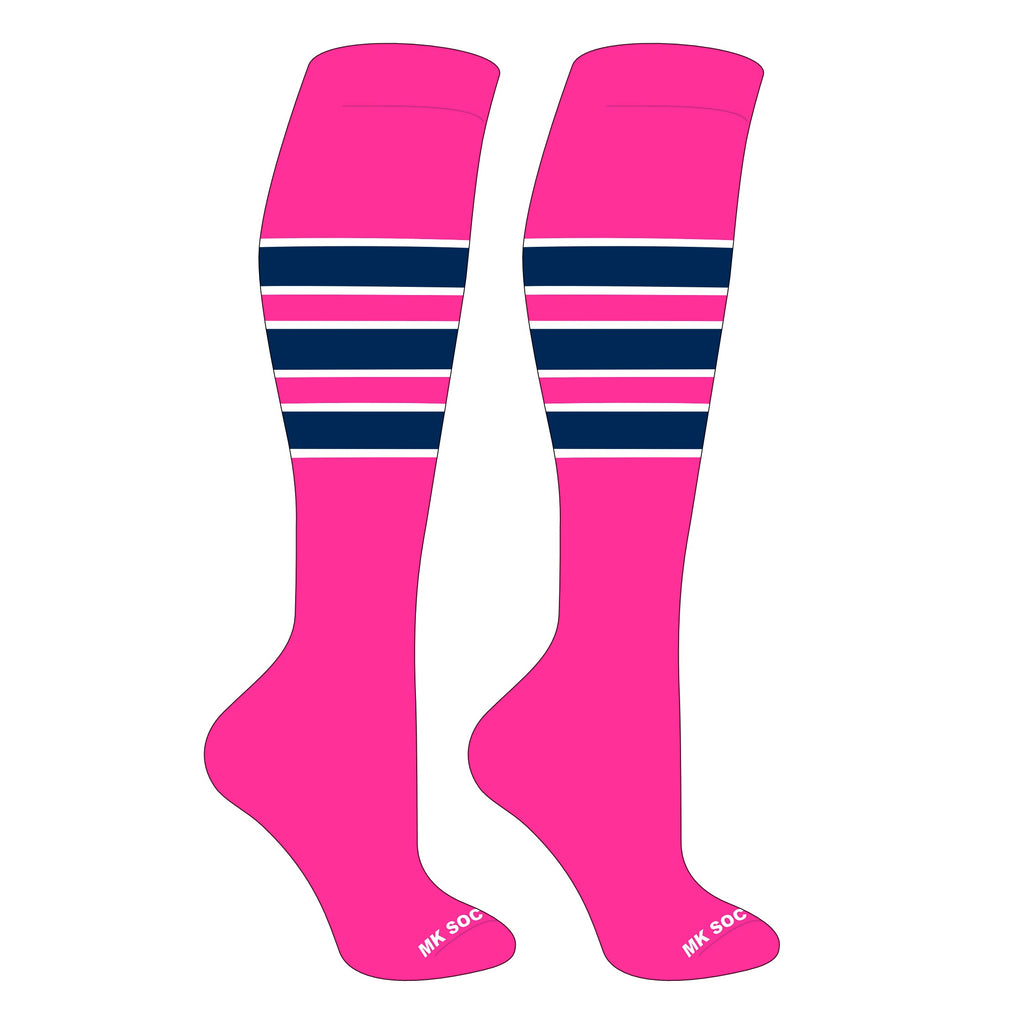 MK Socks Competitor OTC Baseball, Football Socks in Hot Pink, White, and Navy, featuring moisture-wicking material, arch support, and mid-knee length for optimal performance in sports such as baseball and football.