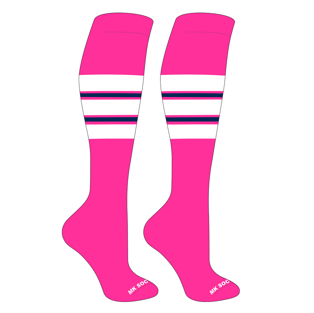 MK Socks Competitor OTC Baseball and Football Socks in Hot Pink, White, and Navy color, designed for optimal performance and comfort in sports activities.