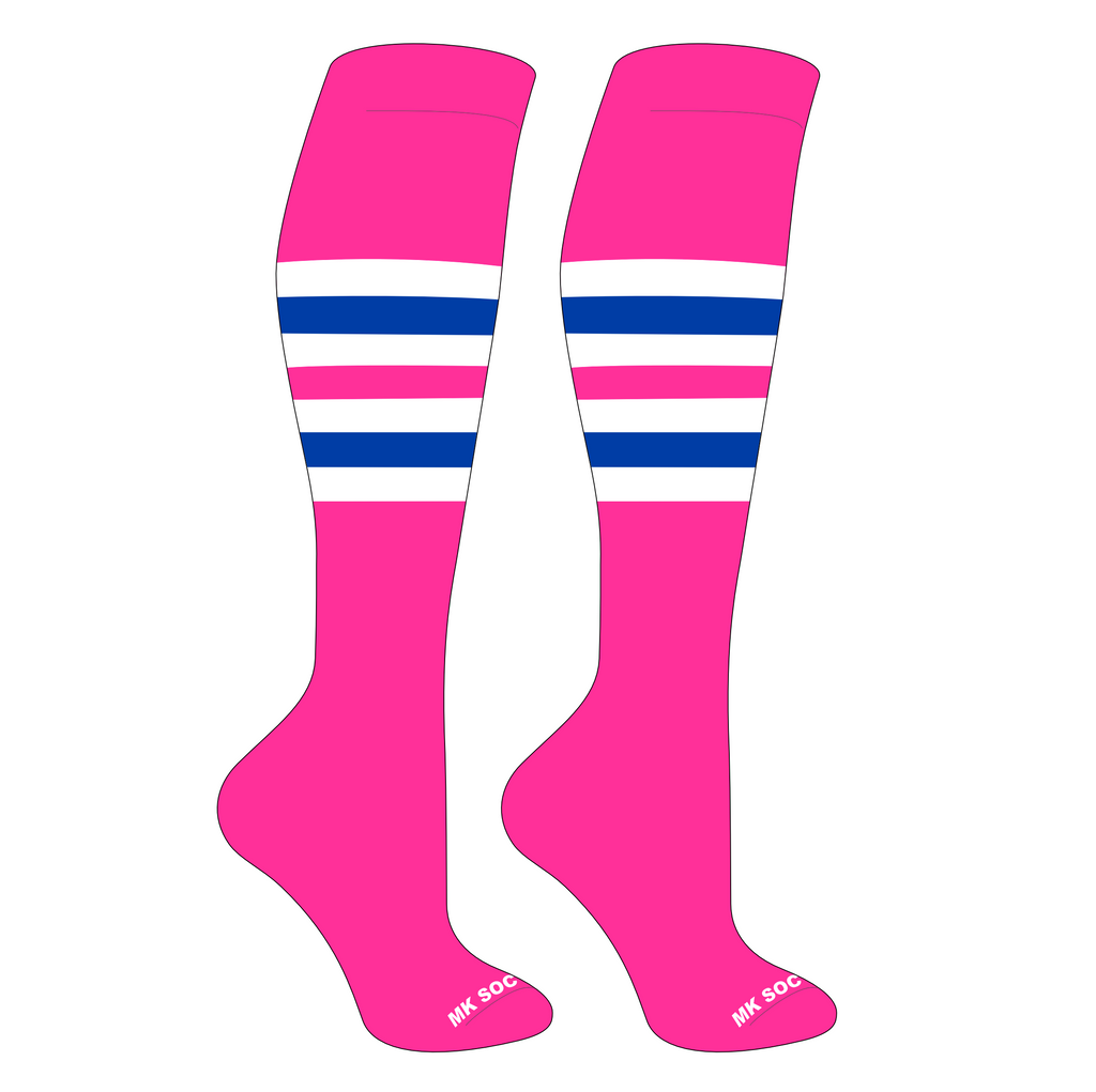 MK Socks Striped Knee High Baseball, Football Socks in Hot Pink, White, Royal designed for athletics and performance, featuring moisture-wicking technology, arch support, and a durable 3-ply nylon blend for comfort during sports activities.