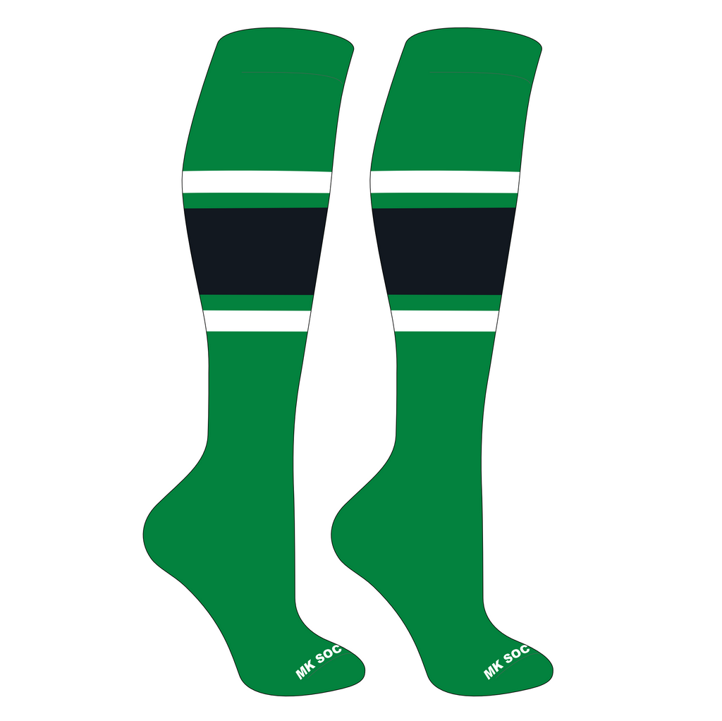 MK Socks Competitor OTC Baseball, Football Socks in Kelly Green, White, and Black designed for athletes.
