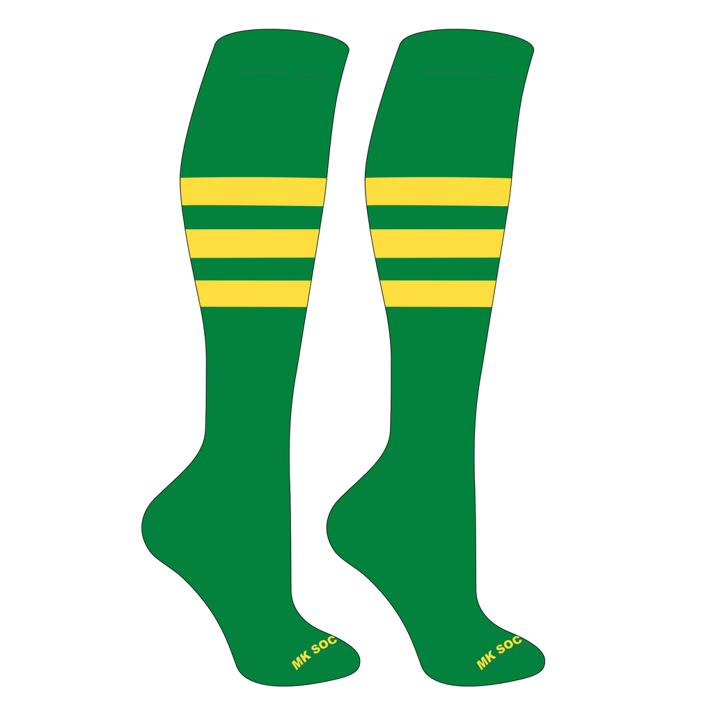 MK Socks Competitor OTC Baseball and Football Socks in Kelly Green and Yellow color, designed for athletic performance with moisture management, cushioned footbed, and arch support.