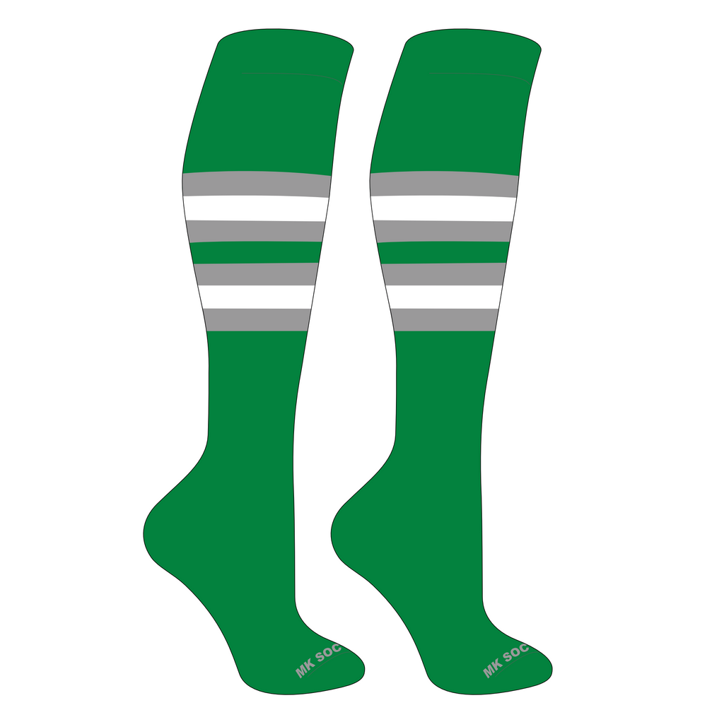 MK Socks Striped Knee High Baseball, Football Socks in Kelly Green, Grey, White designed for optimal performance, comfort, and support in sports activities.