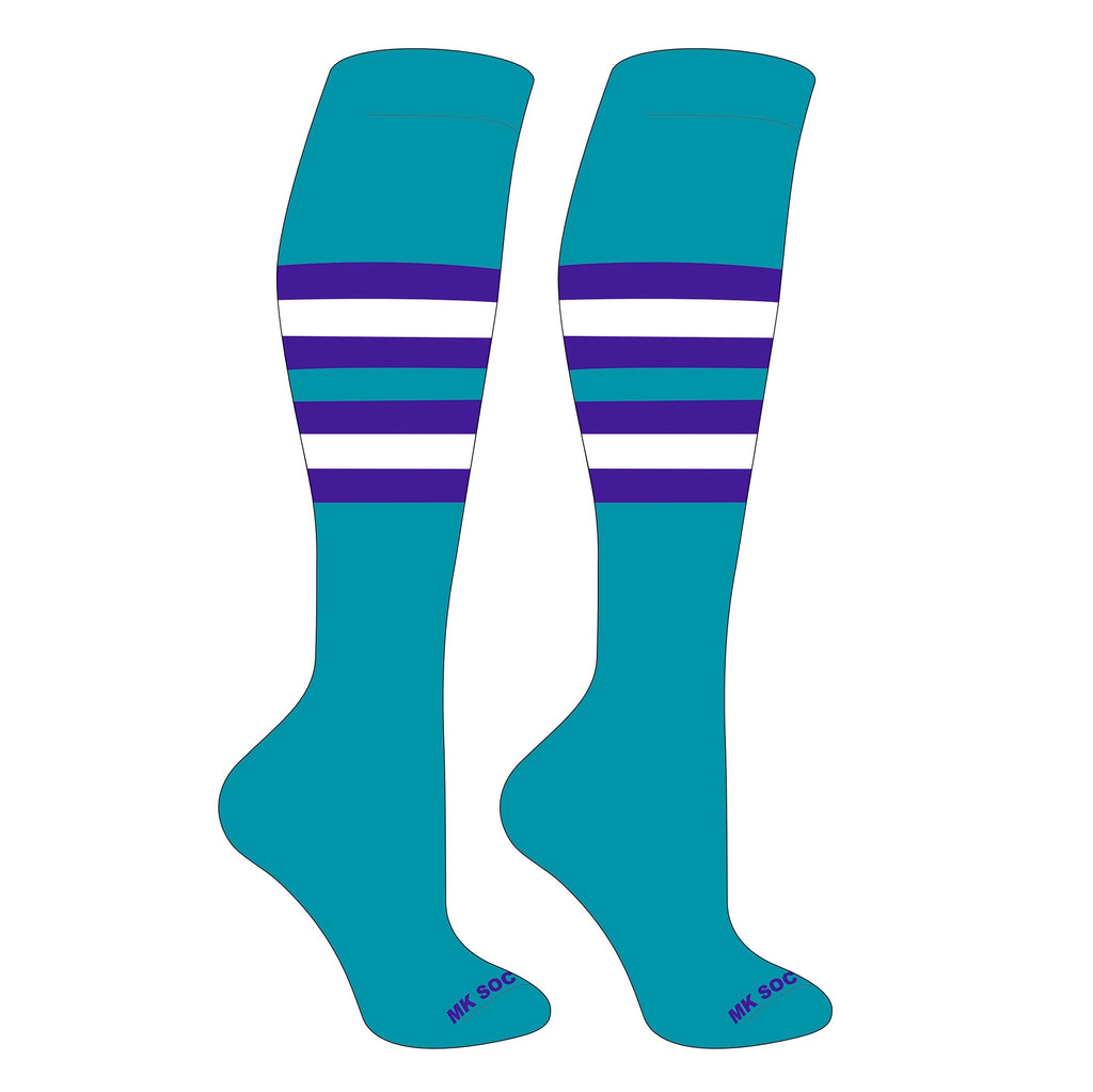 MK Socks Striped Knee High Baseball and Football Socks in Marlin Teal, Purple, and White, designed for optimal performance and comfort during athletic activities.