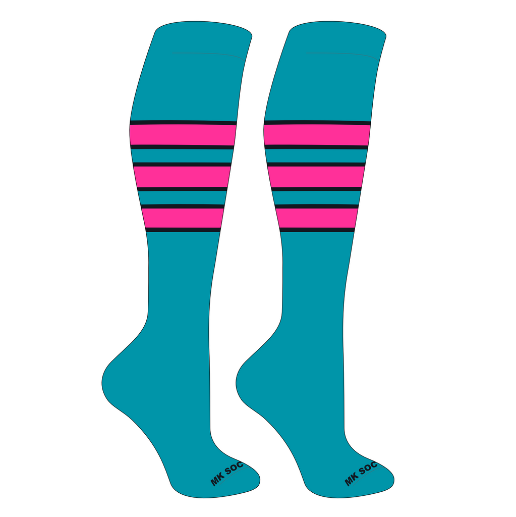MK Socks Competitor OTC Baseball, Football Socks in Marlin Teal, Black, and Hot Pink; designed for optimal performance in sports with moisture-wicking fabric and arch support.