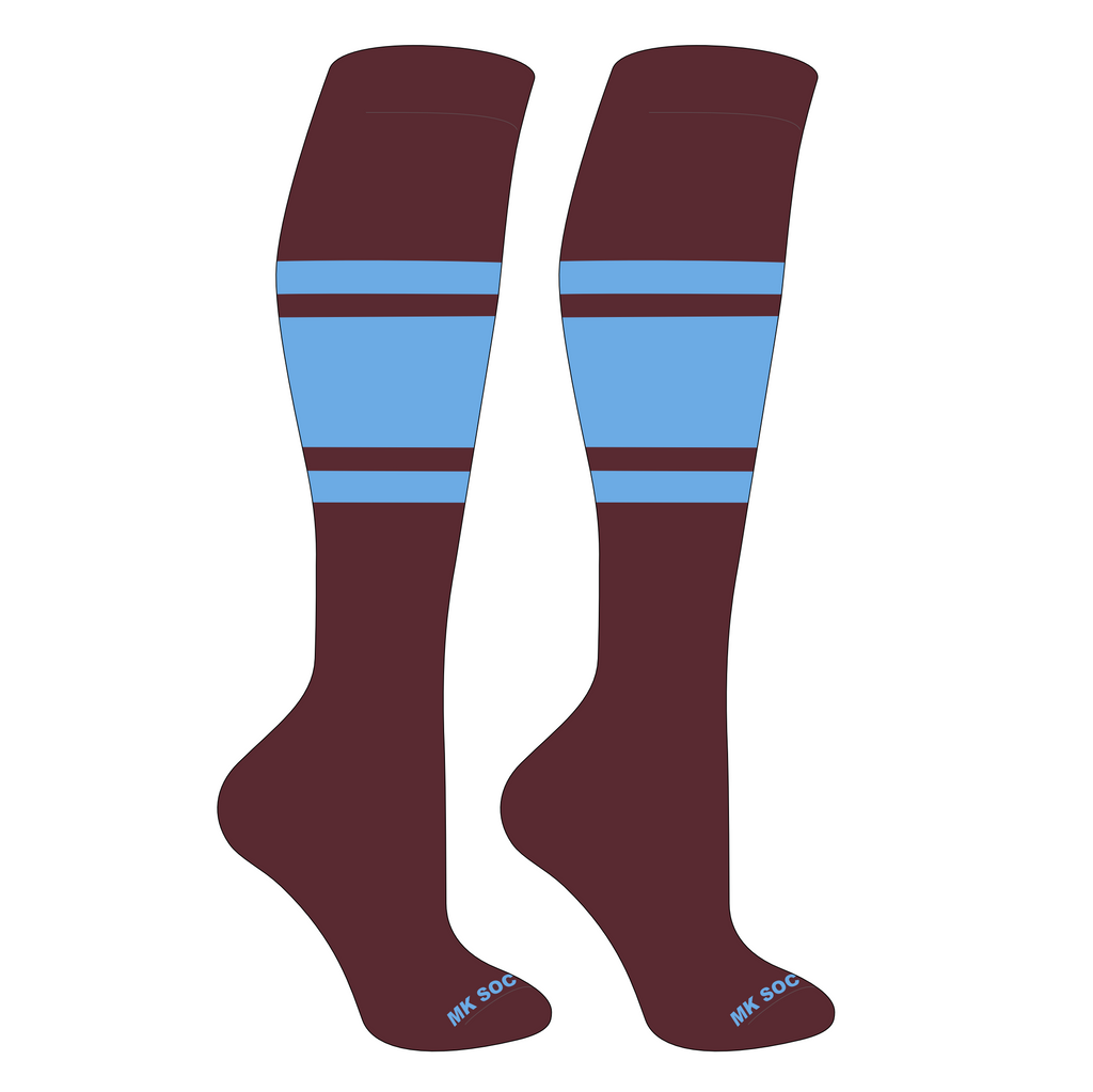 MK Socks Competitor OTC Baseball, Football Socks in maroon and Columbia blue design, showcasing high-quality athletic performance.