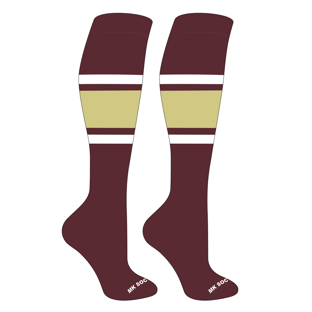 MK Socks Competitor OTC Baseball, Football Socks in Maroon, White, Vegas Gold showcasing their high-quality athletic design and support features.