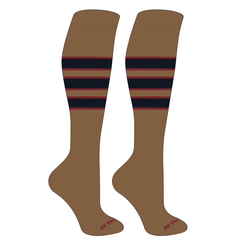 MK Socks Competitor OTC Baseball and Football Socks in Mushroom, Cardinal, and Black colors, designed for optimal performance and comfort in athletic activities.