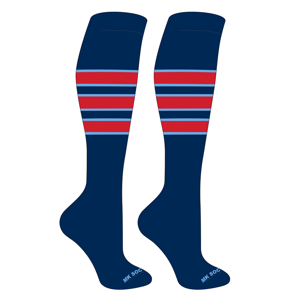 MK Socks Competitor OTC Baseball and Football Socks in Navy, Columbia Blue, and Red, designed for performance with moisture-wicking technology, arch support, and graduated leg compression, perfect for athletes on the field or court.