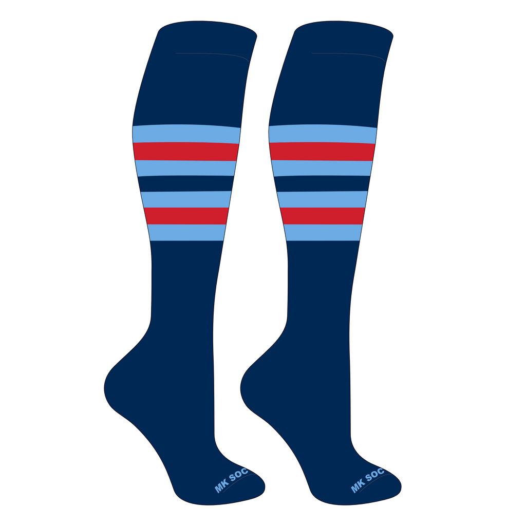 MK Socks Striped Knee High Baseball, Football Socks in Navy, Columbia Blue, and Red, designed for optimal performance with moisture-wicking fabric and arch support.