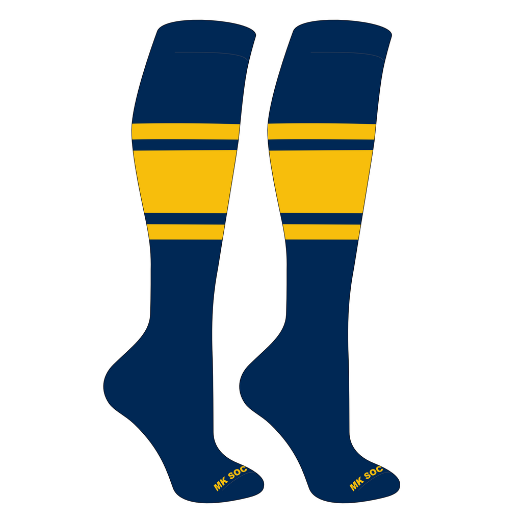 MK Socks Competitor OTC Baseball, Football Socks in Navy and Gold color, designed for exceptional athletic performance and comfort during games.
