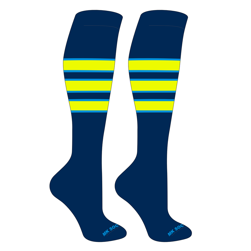 MK Socks Competitor OTC Baseball, Football Socks in Navy, Neon Blue, and Neon Yellow, designed for peak athletic performance with moisture-wicking yarns, arch support, and mid-knee length for optimal fit.