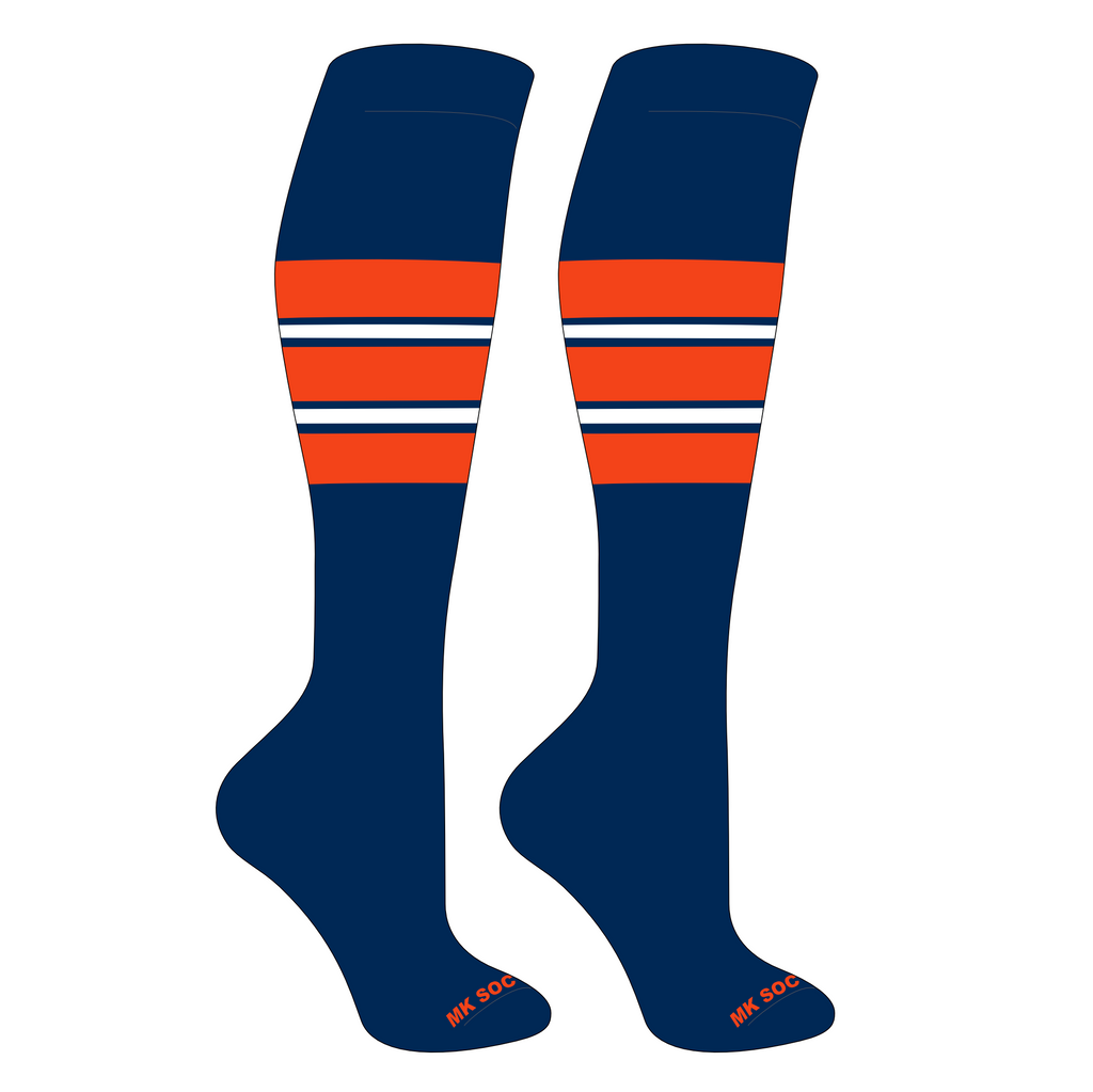 MK Socks Competitor OTC Baseball and Football Socks in Navy, Orange, and White colors designed for optimal performance and comfort during athletic activities.