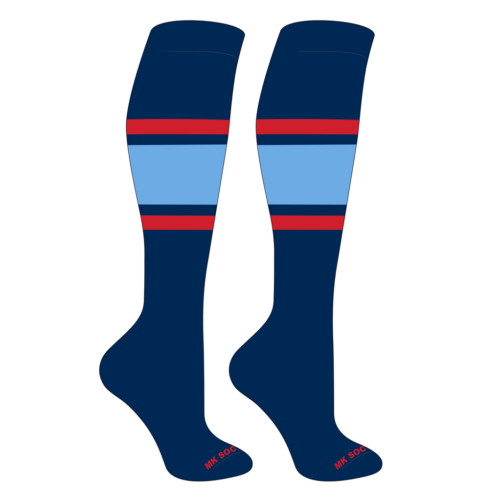 MK Socks Competitor OTC Baseball and Football Socks in Navy, Red and Columbia Blue colors, designed for optimal performance in athletic activities.
