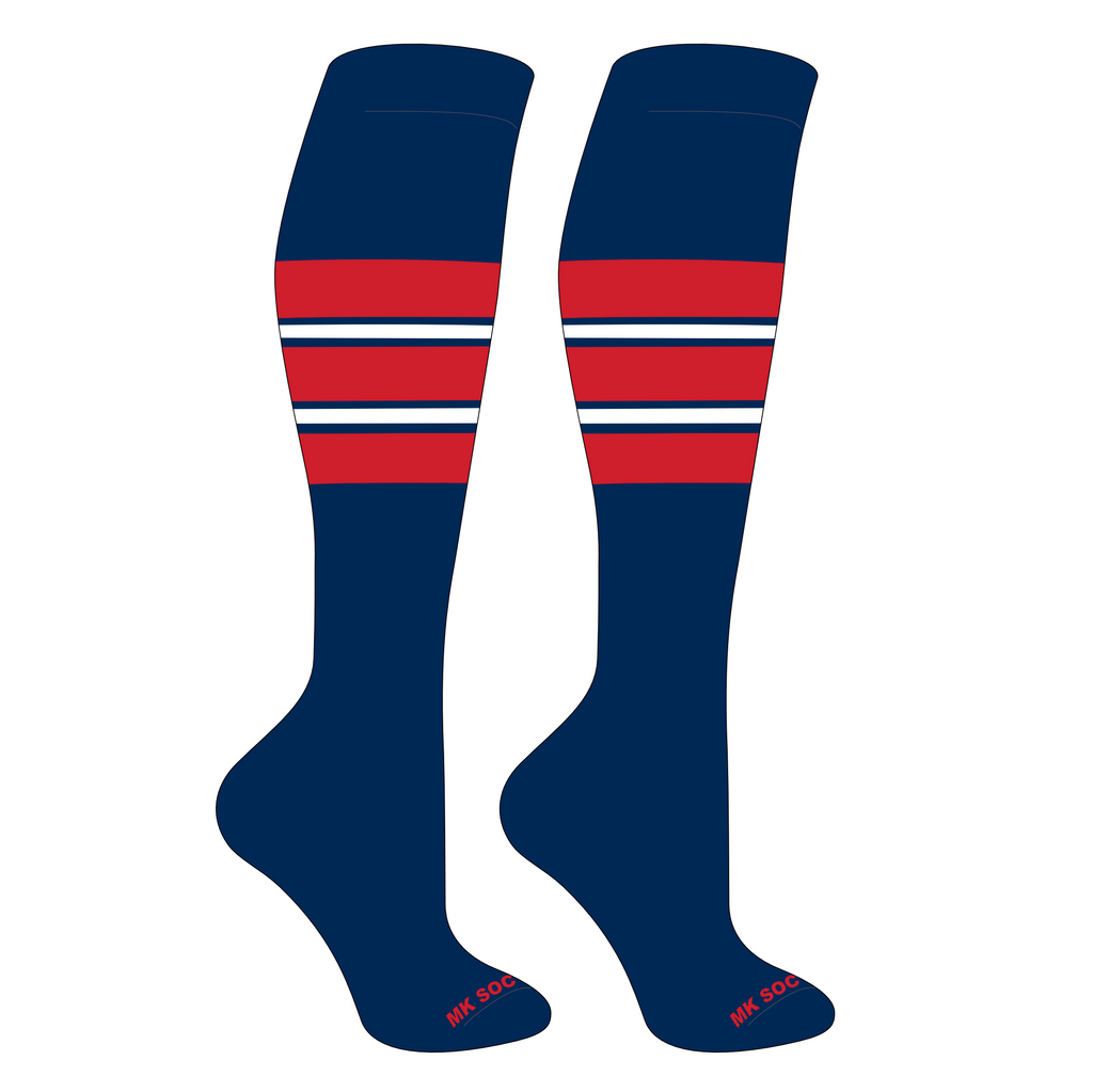 MK Socks Competitor OTC Baseball, Football Socks in Navy, Red, White featuring durable 3-ply nylon blend for optimal moisture management and arch support, designed for athletes on the field.