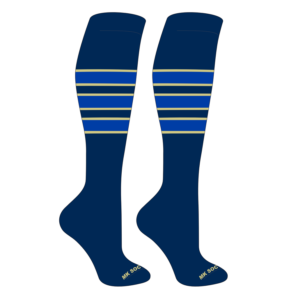 MK Socks Competitor OTC Baseball and Football Socks in Navy, Vegas Gold, and Royal colors, designed for optimal performance with moisture-wicking yarns, cushioned footbed, and mid-knee length for athletes.