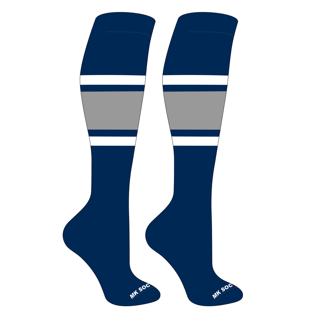 MK Socks Competitor OTC Baseball, Football Socks in navy, white, and grey colors designed for athletes.