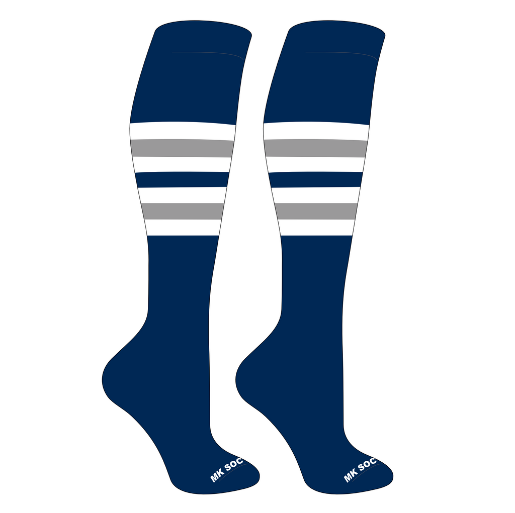 MK Socks Striped Knee High Baseball and Football Socks in Navy, White, and Grey, designed for optimal performance and comfort during sports activities.