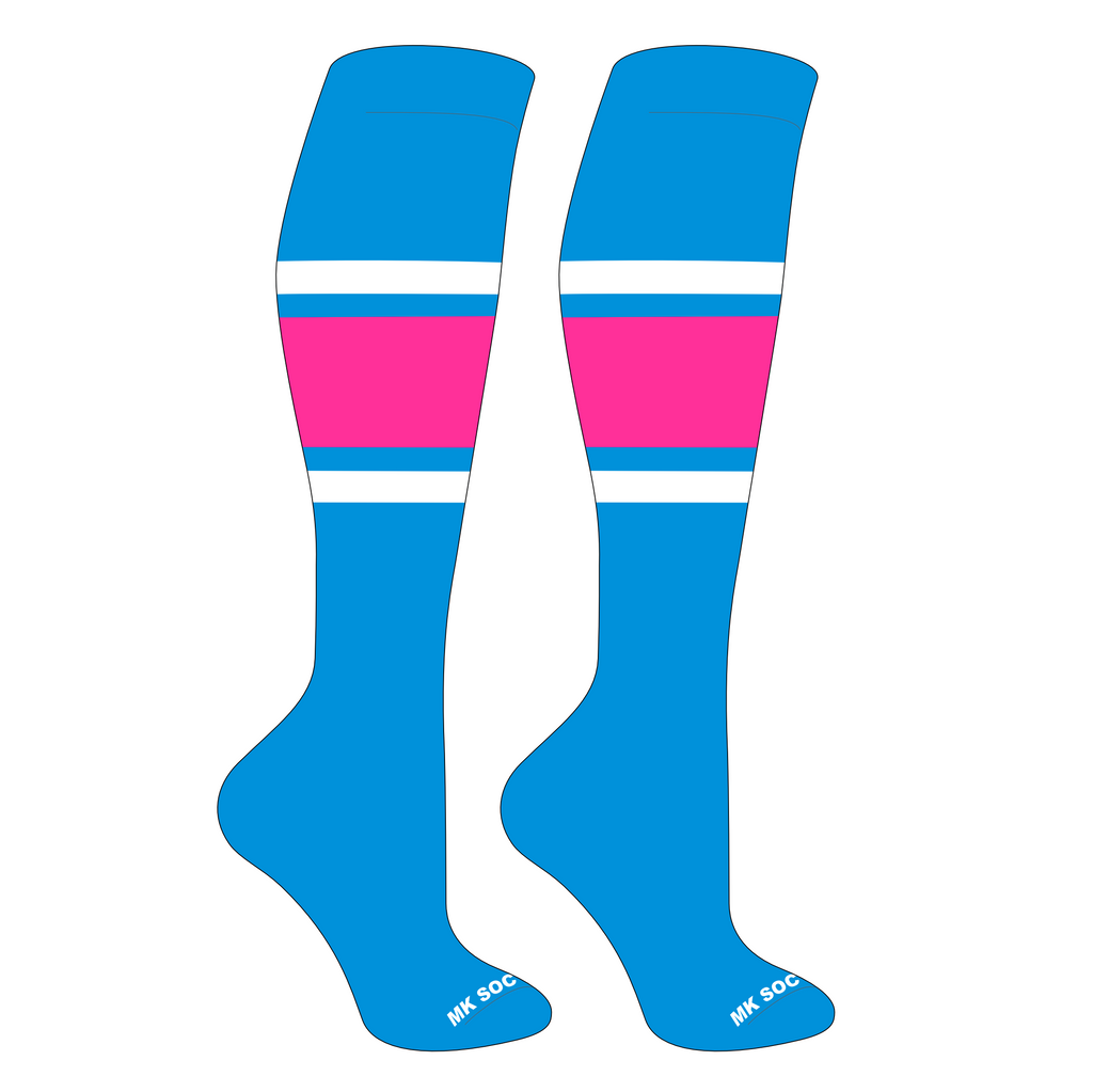 MK Socks Competitor OTC Baseball, Football Socks in Neon Blue, White, and Hot Pink, designed for peak athletic performance with arch support and moisture-wicking technology.