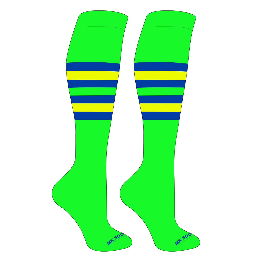 MK Socks Striped Knee High Baseball and Football Socks in Neon Green, Royal Blue, and Neon Yellow, featuring moisture-wicking technology and arch support for performance athletes.