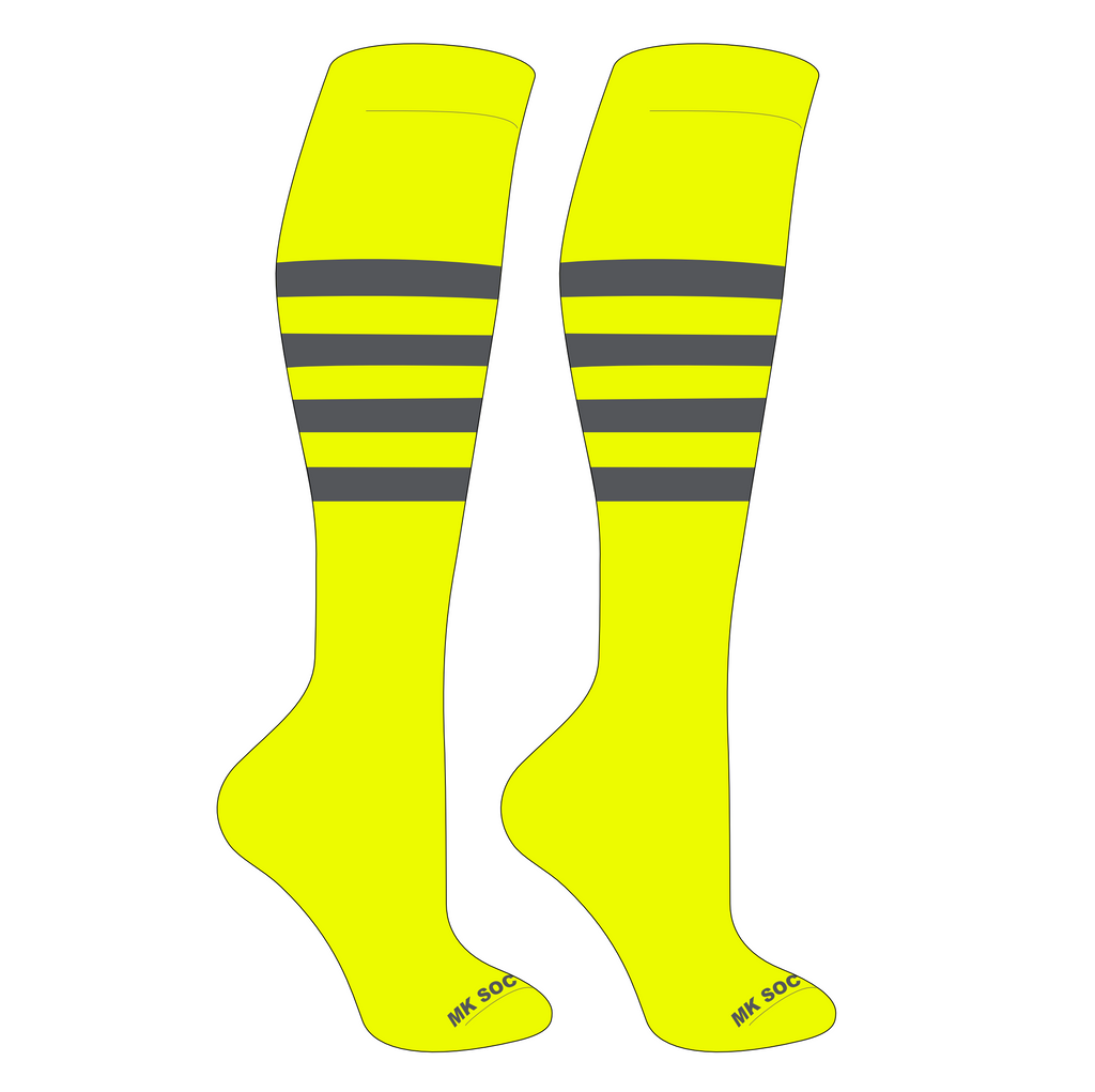 MK Socks Striped Knee High Baseball, Football Socks in Neon Yellow and Granite providing moisture-wicking, arch support, and leg compression for optimal athletic performance.
