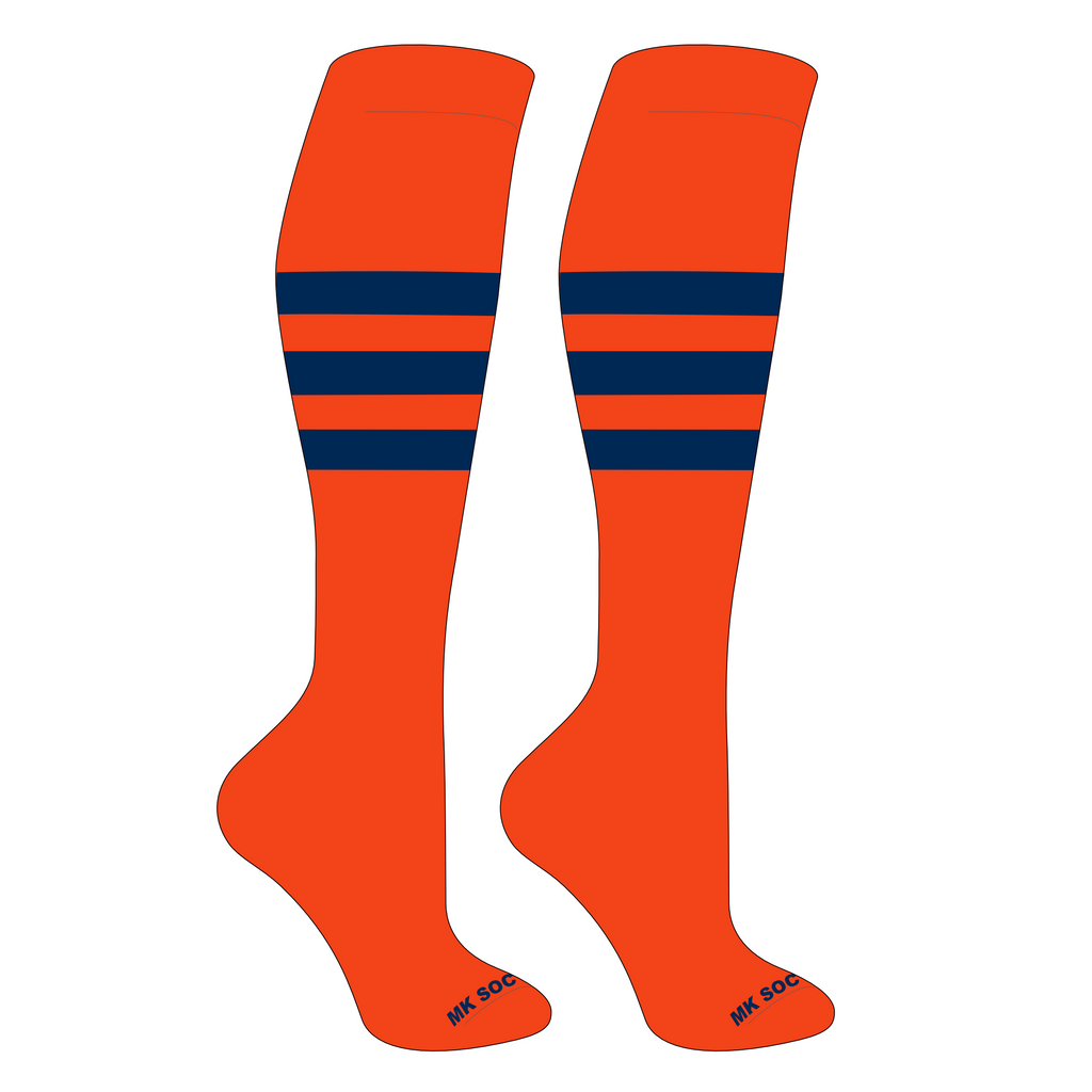 MK Socks Competitor OTC Baseball and Football Socks in Orange and Navy color, designed for optimal performance and comfort during athletic activities.