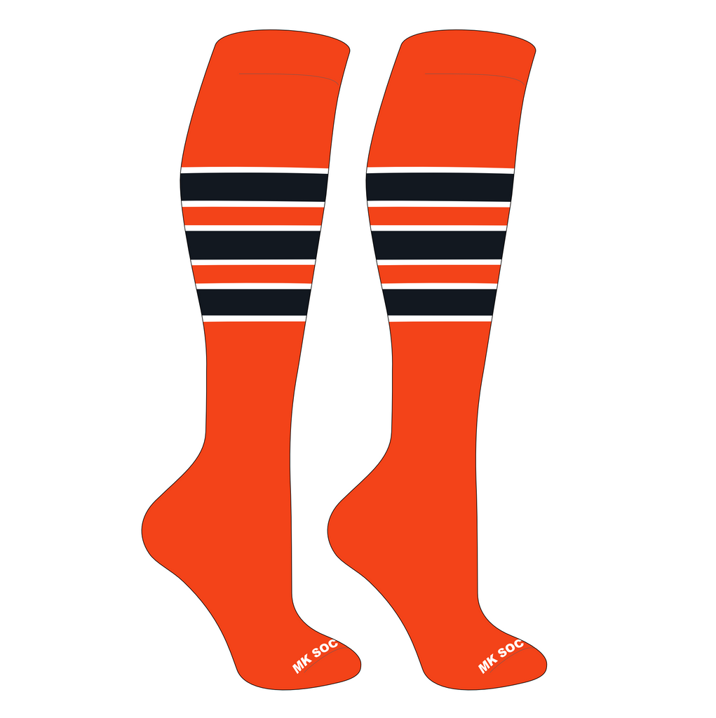 MK Socks Competitor OTC Baseball and Football Socks in vibrant orange, white, and black colors, designed for peak athletic performance with features like moisture-wicking material, arch support, and a mid-knee length, ideal for sports enthusiasts.