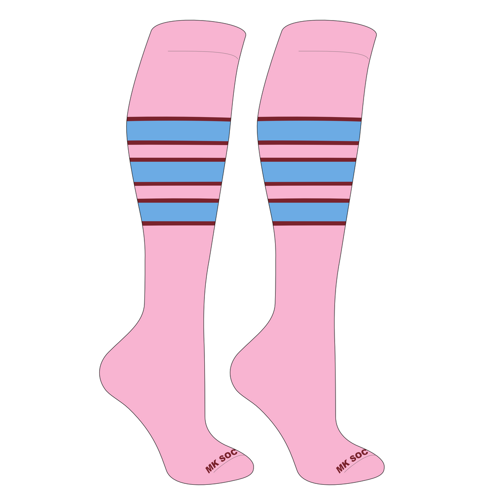 MK Socks Competitor OTC Baseball and Football Socks in Pink, Cardinal, and Columbia Blue, designed for superior comfort and performance in athletic activities like baseball and football.