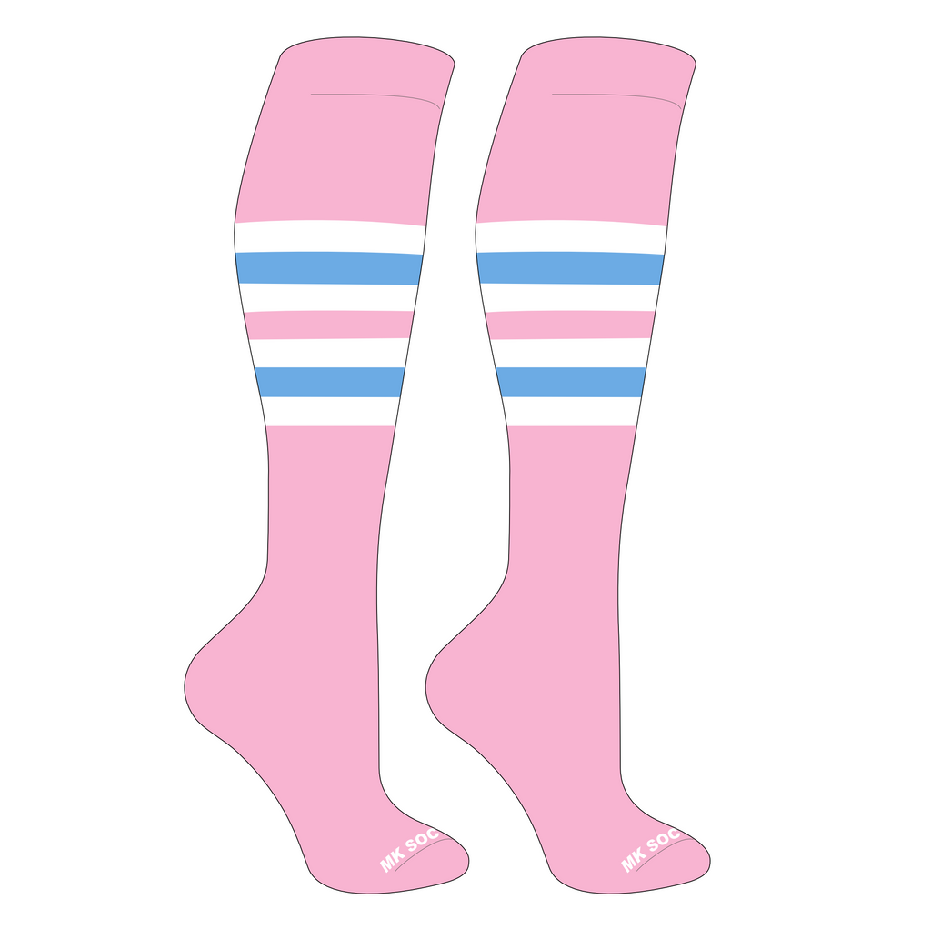MK Socks Striped Knee High Baseball and Football Socks in Pink, White, and Columbia Blue, designed for athletic performance and comfort during sports activities.