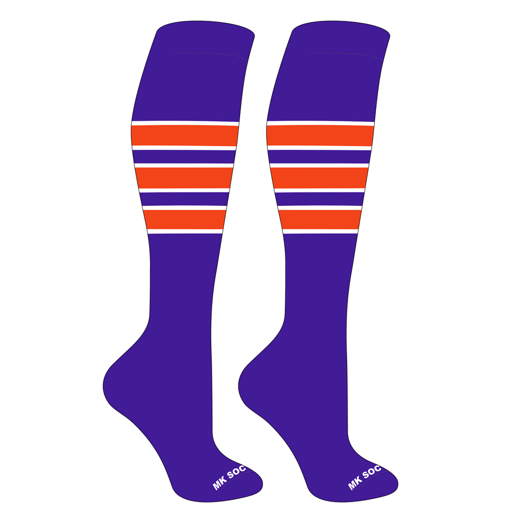 MK Socks Competitor OTC Baseball and Football Socks in purple, white, and orange colors designed for optimal performance and comfort during athletic activities.
