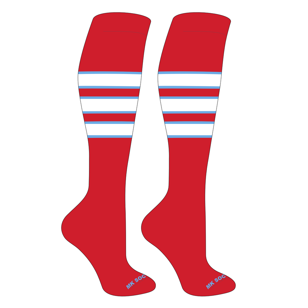 MK Socks Competitor OTC Baseball and Football Socks in Red, Columbia Blue, and White, designed for athletic performance with moisture management, arch support, and mid-knee length for optimal comfort during sports.