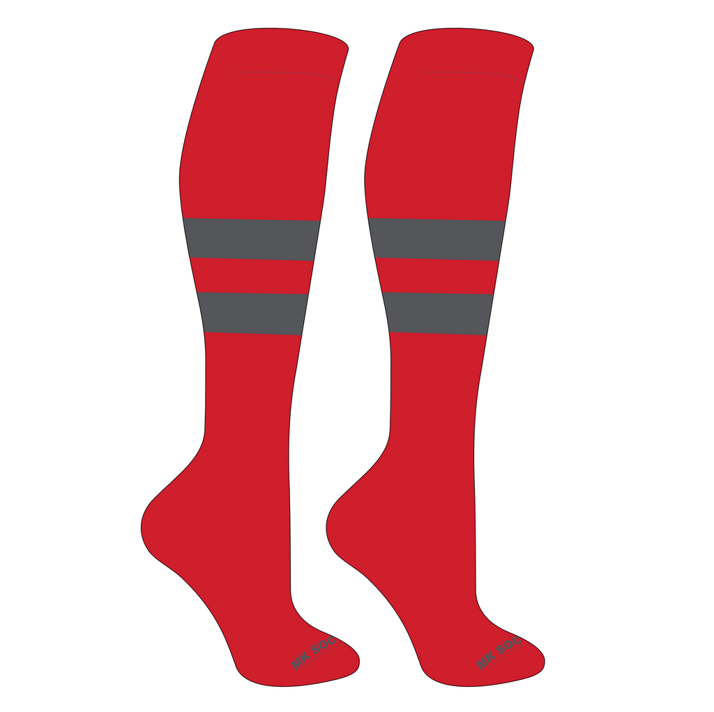 MK Socks Competitor OTC Baseball and Football Socks in Red and Granite color, designed for athletes with features such as moisture-wicking yarns, arch support, and mid-knee length for optimal performance.