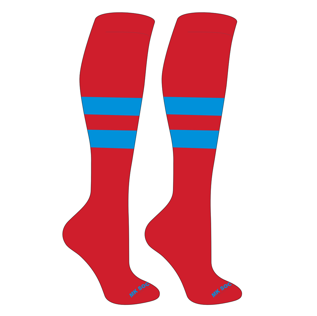 MK Socks Competitor OTC Baseball and Football Socks in vibrant red and neon blue, designed for optimal comfort and performance during sports.