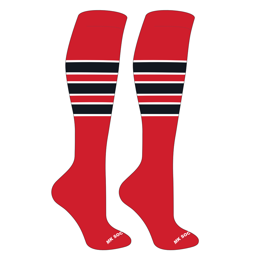 MK Socks Competitor OTC Baseball and Football Socks in Red, White, and Black colors, designed for optimal performance during sports activities.