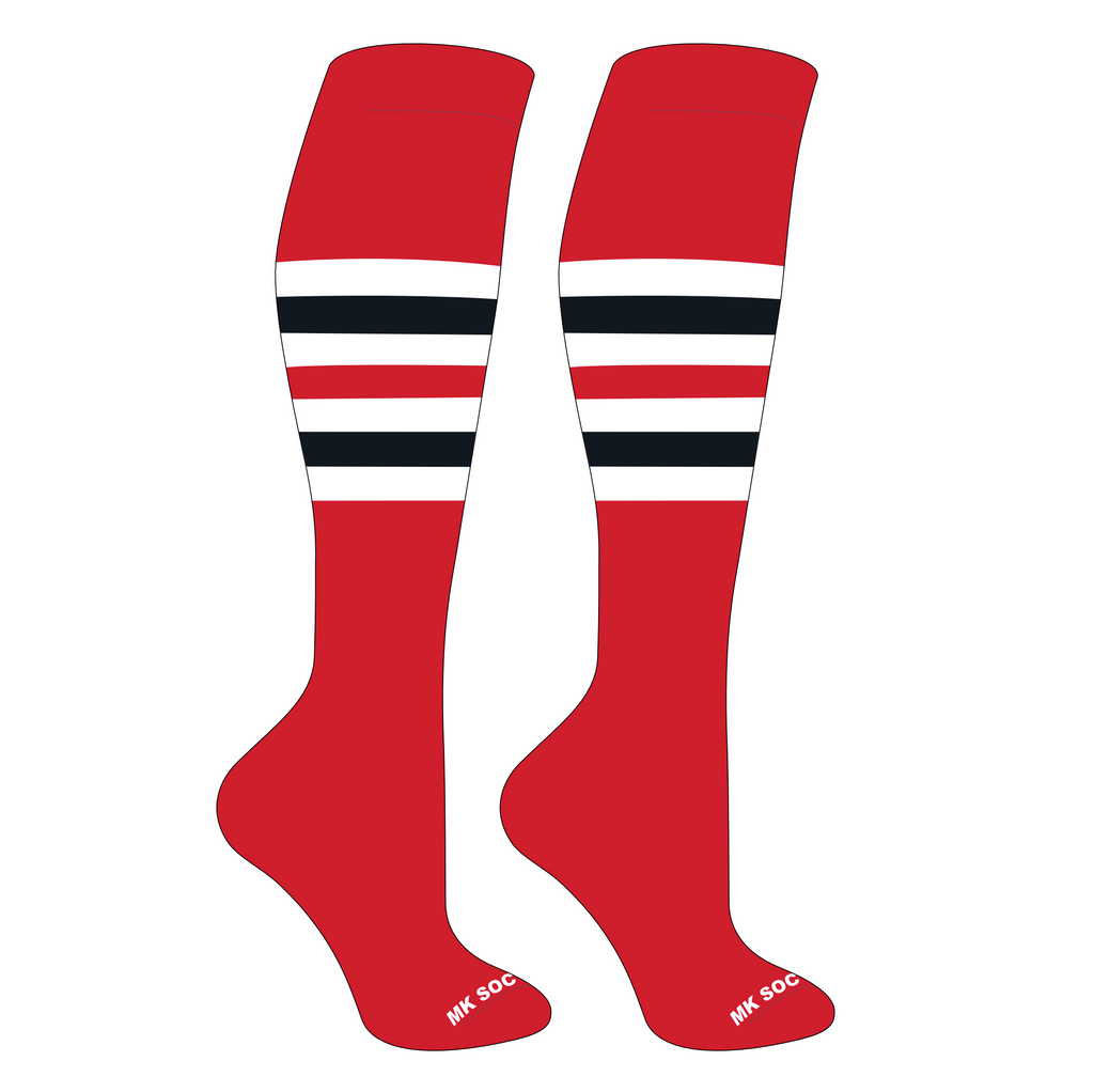 MK Socks Striped Knee High Baseball and Football Socks in Red, White, and Black, designed for high performance with moisture management, arch support, and compression zones, ideal for athletes.