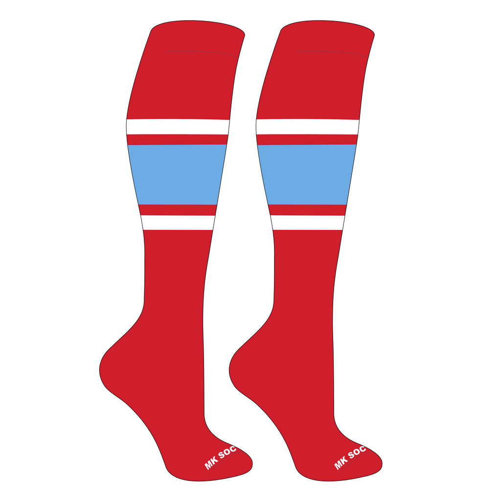 MK Socks Competitor OTC Baseball and Football Socks in Red, White, and Columbia Blue, designed for maximum performance and comfort in athletic activities.