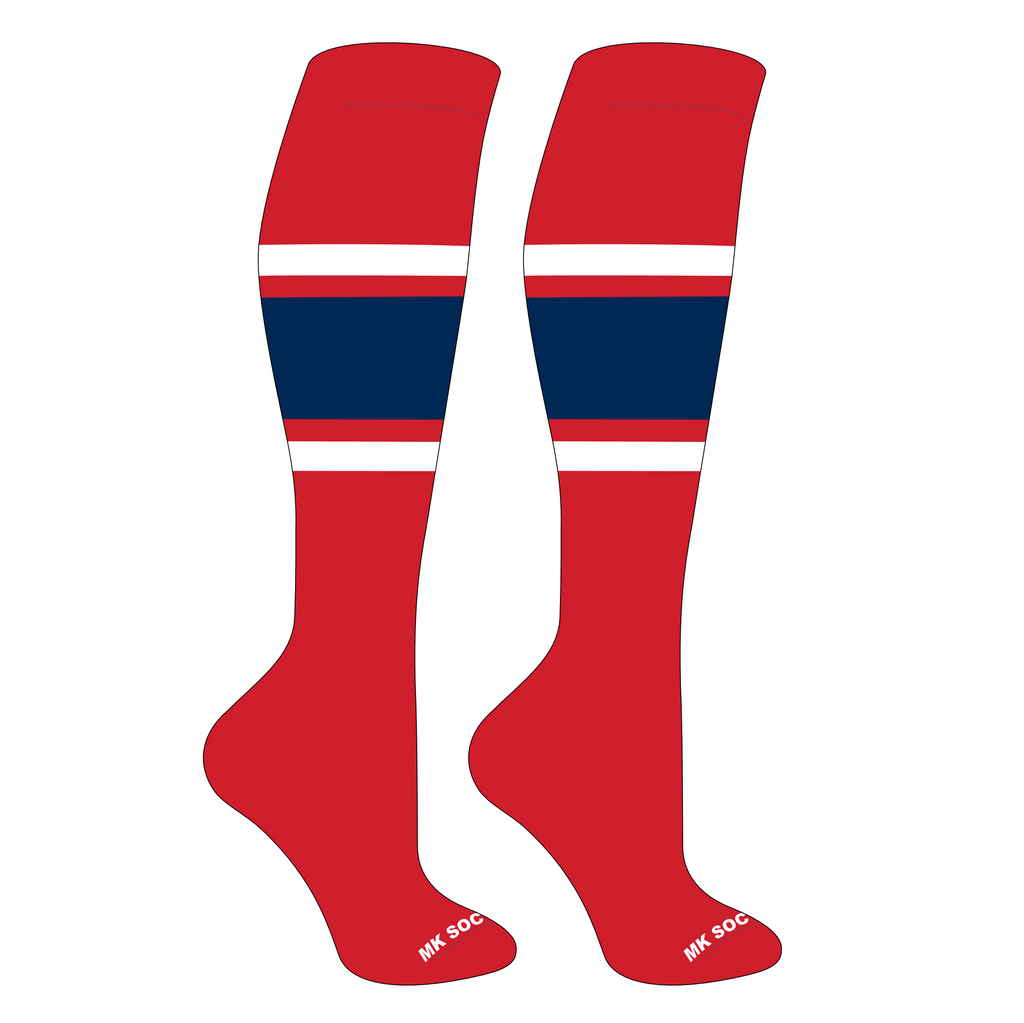 MK Socks Competitor OTC Baseball, Football Socks in Red, White, and Navy, designed for maximum performance and comfort during athletic activities.