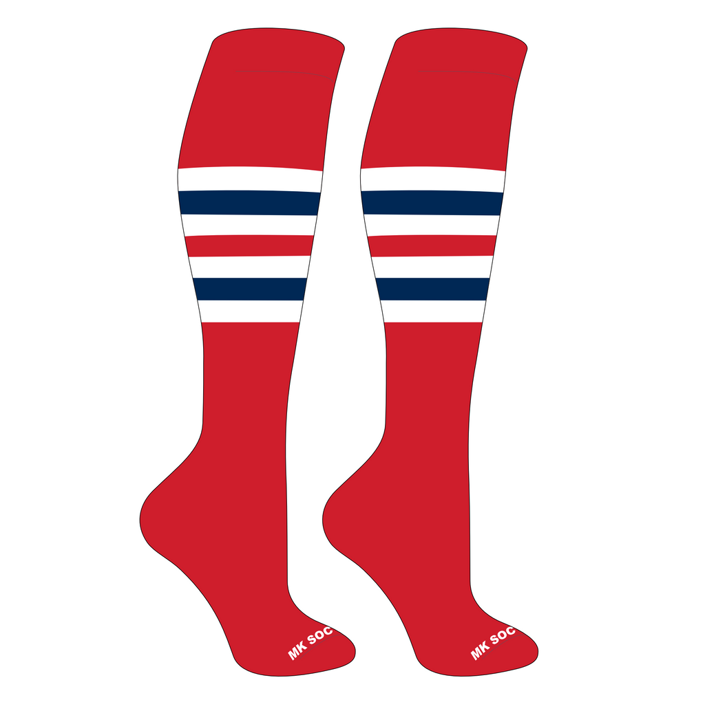 MK Socks Striped Knee High Baseball and Football Socks in Red, White, and Navy, designed for athletic performance with moisture-wicking, arch support, and compression features, perfect for sports enthusiasts.