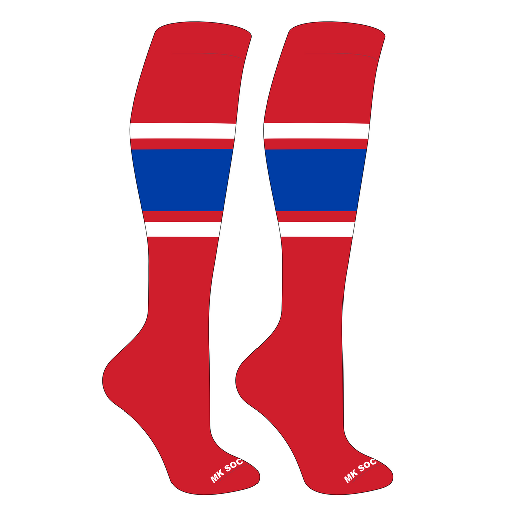 MK Socks Competitor OTC Baseball, Football Socks in Red, White, and Royal colors, designed for optimal performance during athletic activities.