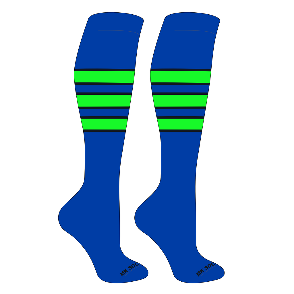 MK Socks Competitor OTC Baseball and Football Socks in Royal, Black, and Neon Green, designed for optimal performance, comfort, and support during athletic activities.