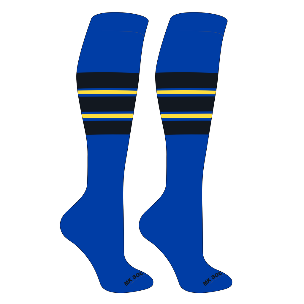 MK Socks Competitor OTC Baseball, Football Socks in Royal, Black, Yellow featuring moisture management, arch support, and mid-knee length design for optimal athletic performance.