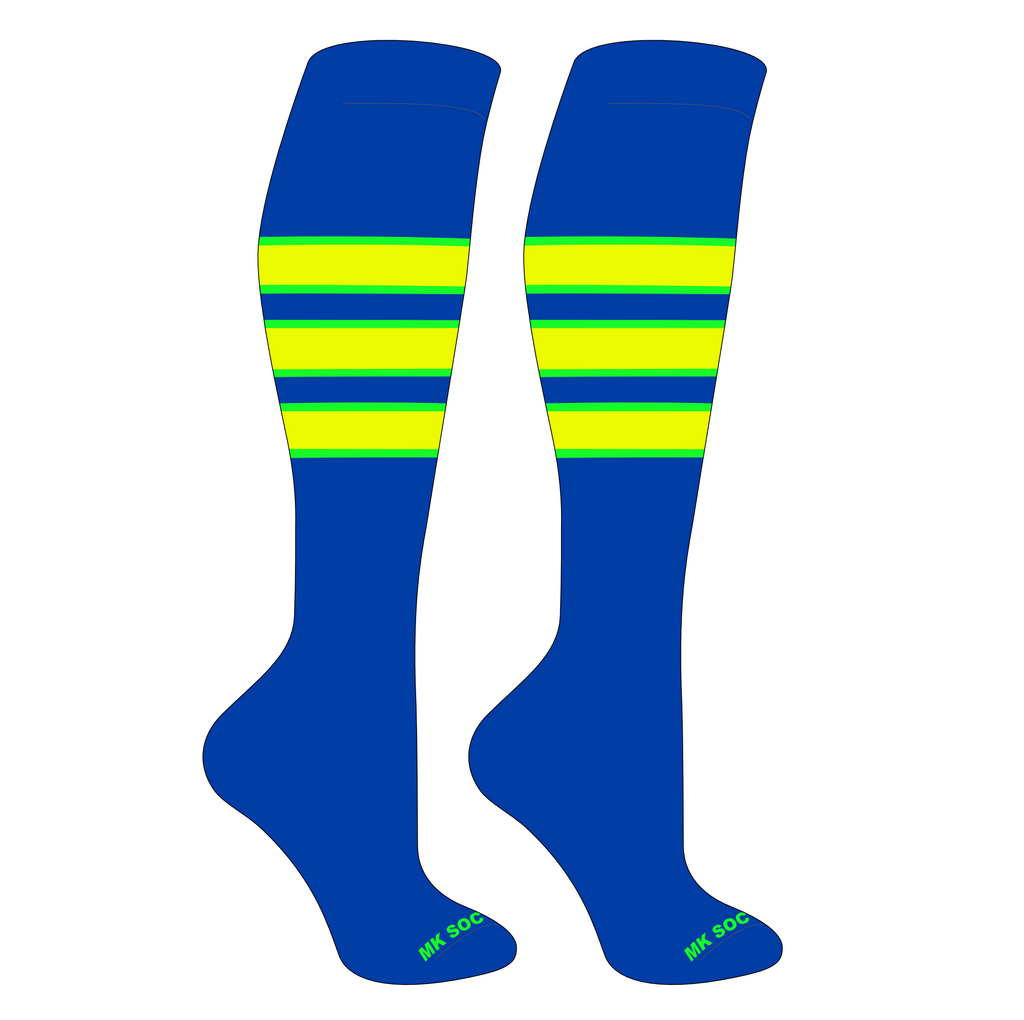 MK Socks Competitor OTC Baseball and Football Socks in Royal, Neon Green, and Neon Yellow, designed for optimal performance with moisture-wicking, arch support, and compression features, ideal for athletes.