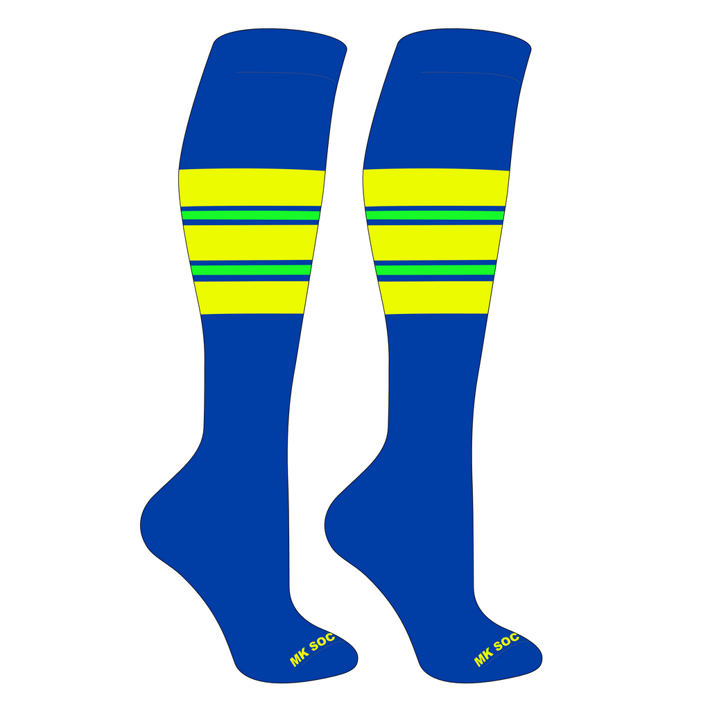 MK Socks Competitor OTC Baseball and Football Socks in Royal, Neon Yellow, and Neon Green colors, designed for athletes with moisture-wicking technology and cushioned footbed for comfort.