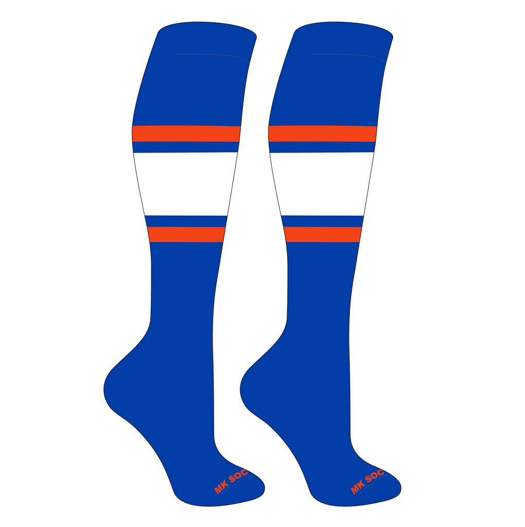 MK Socks Competitor OTC Baseball and Football Socks in royal blue, orange, and white colors, designed for optimal performance and comfort in athletic activities.